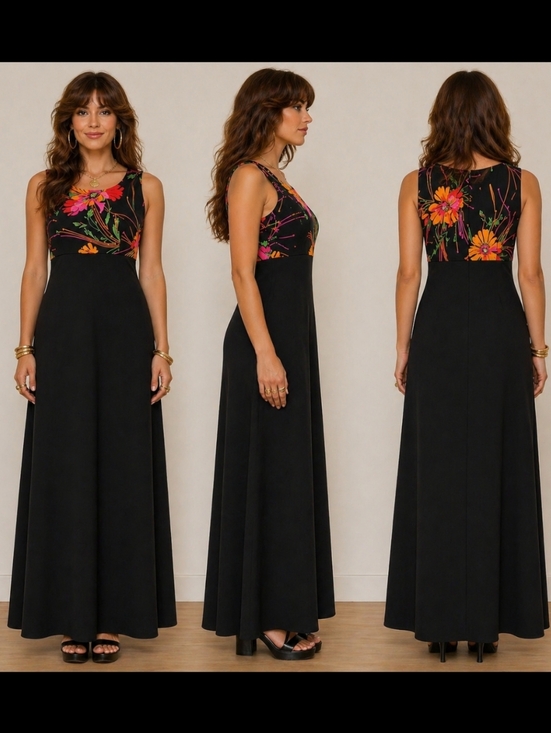 Vintage Dresses & Skirts - Vintage 70s Floral Maxi Black Hostess Cocktail Evening Party Dress | Size M